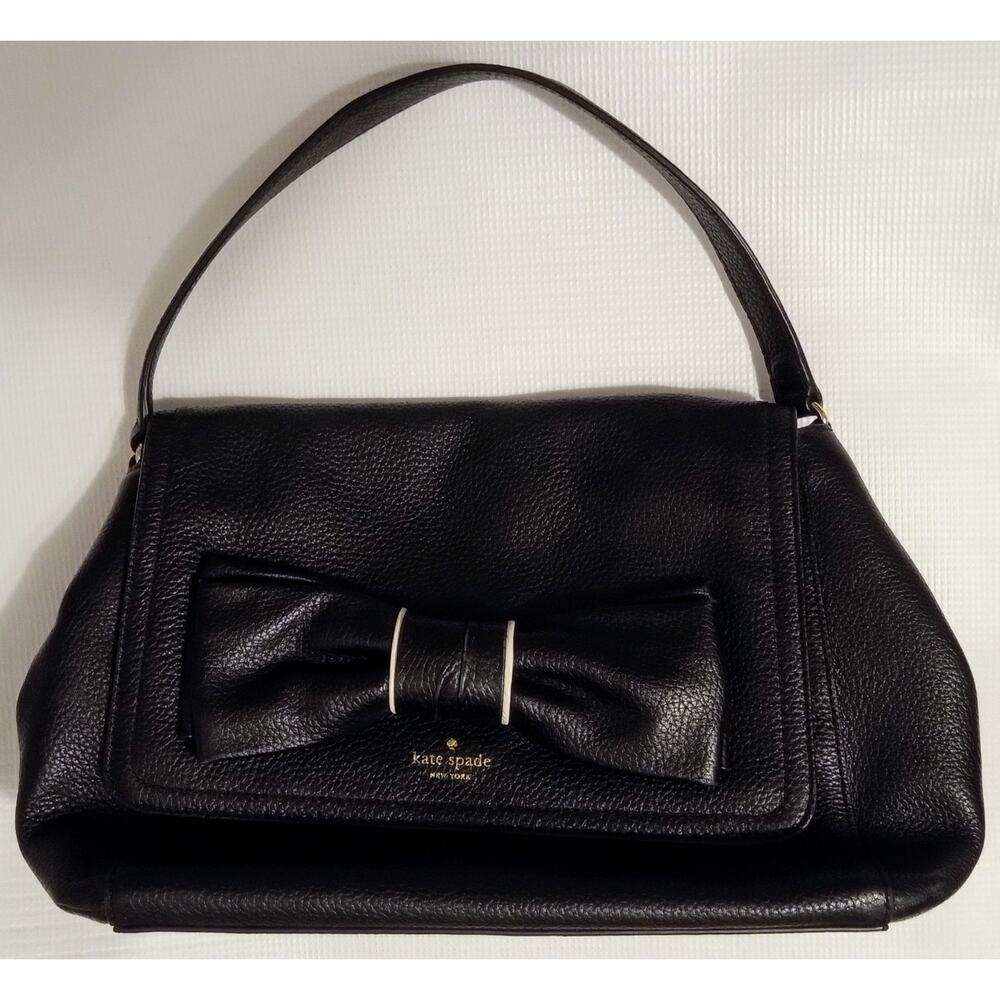 Kate Spade Coralie Black Pebbled Leather Shoulder Bag w/ Bow – Medium Purse